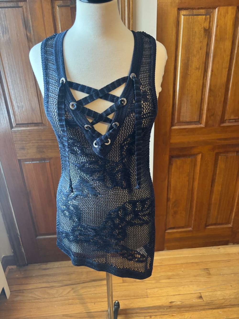 Blue Crochet Lace-Up Tank Dress